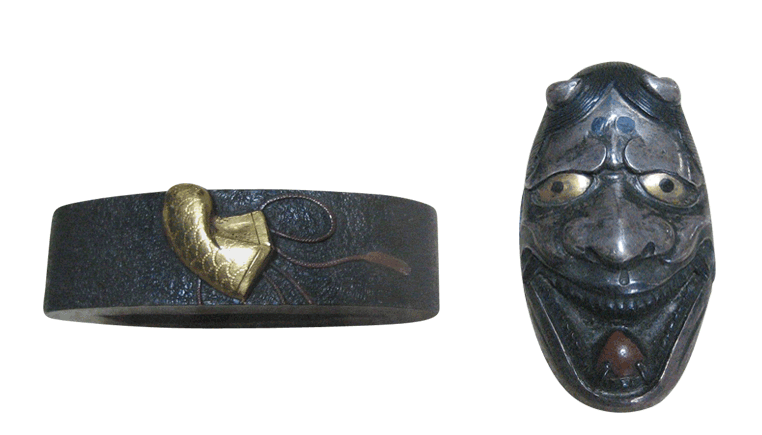 日本刀装具　縁頭　悪鬼般若の図　金工品　魚子地　銅製　フチ　カシラ　刀剣美術